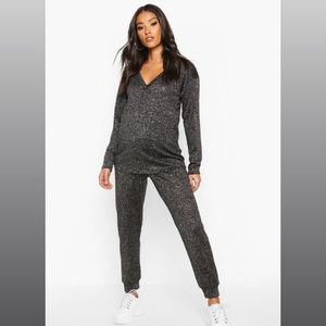 NWT Boohoo Maternity V-Neck Lounge Set, Black Shimmer